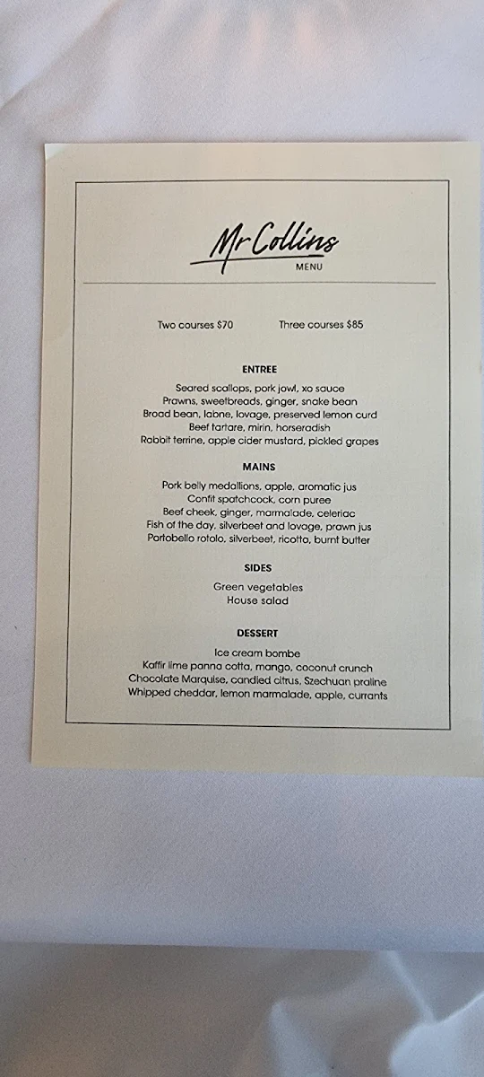 Menu, Mr Collins of Leura