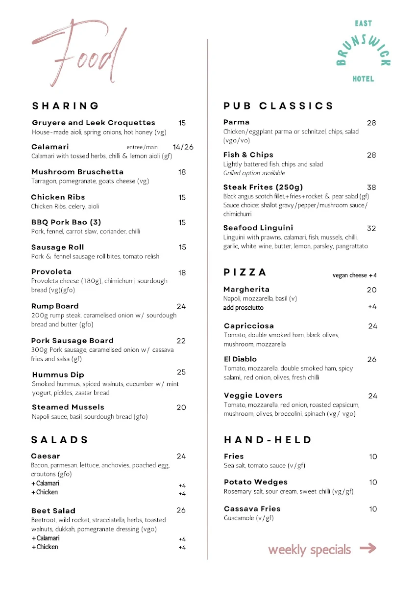 Menu, East Brunswick Hotel