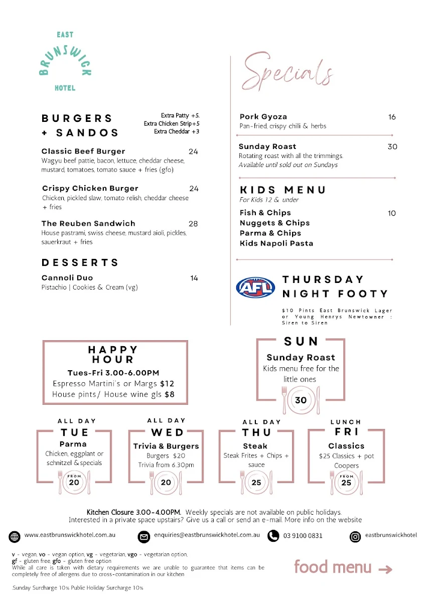 Menu, East Brunswick Hotel