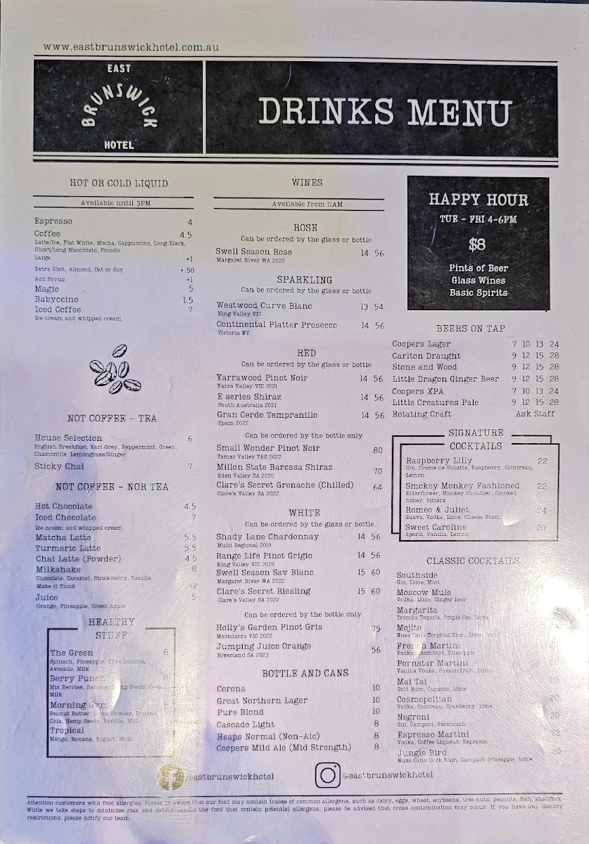 Menu, East Brunswick Hotel