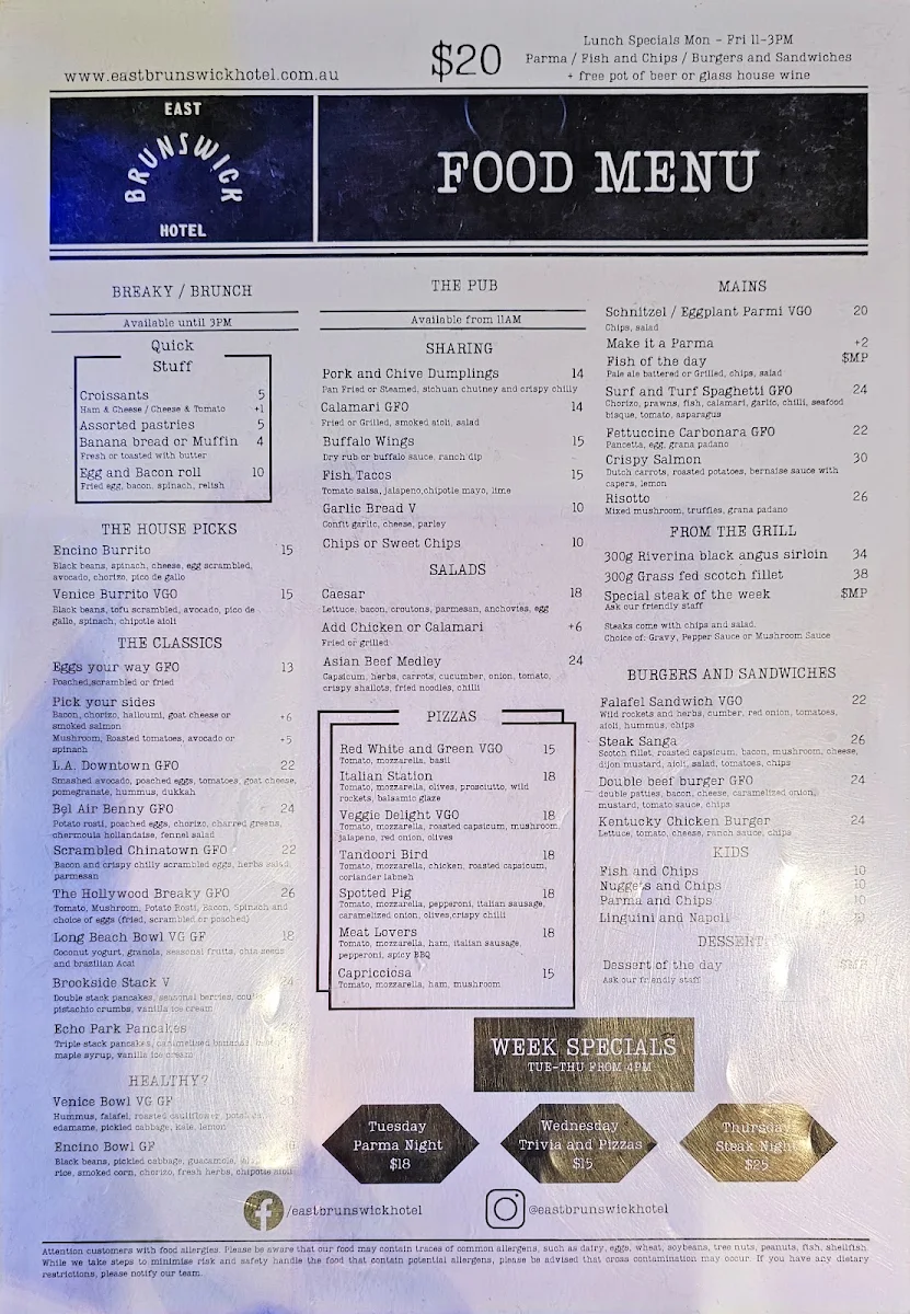 Menu, East Brunswick Hotel