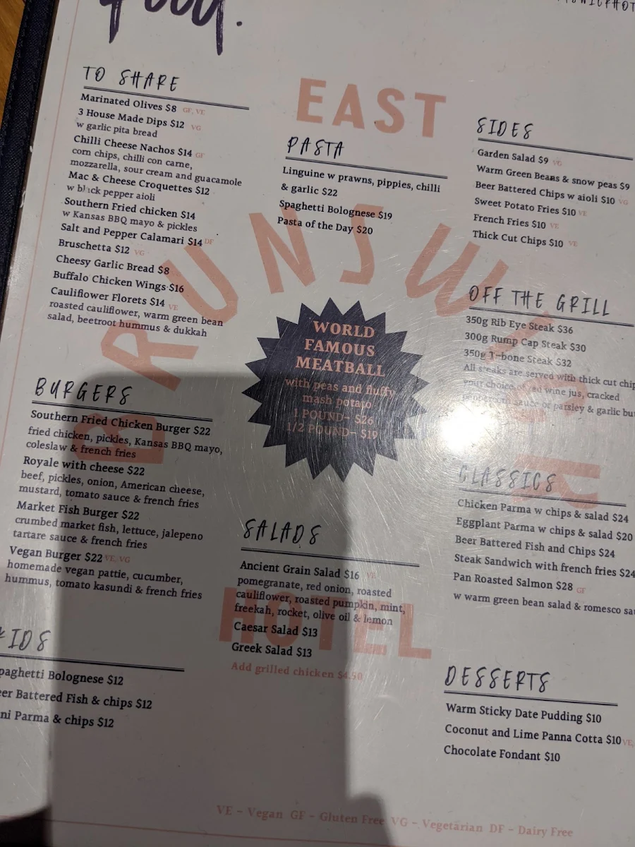 Menu, East Brunswick Hotel
