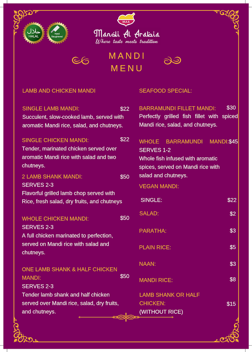 Menu, Mandi Al Arabia Morley