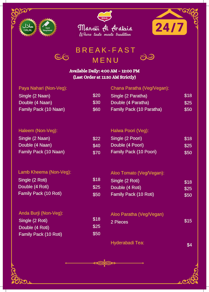 Menu, Mandi Al Arabia Morley