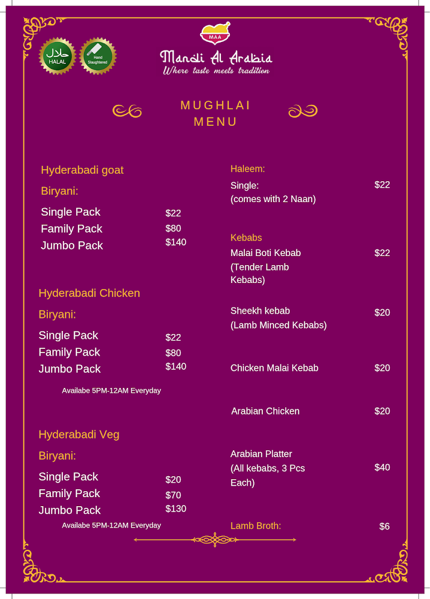 Menu, Mandi Al Arabia Morley