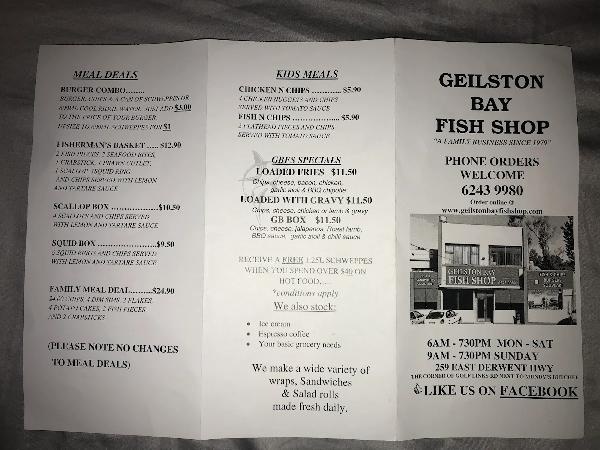 Menu, Geilston Bay Fish Shop