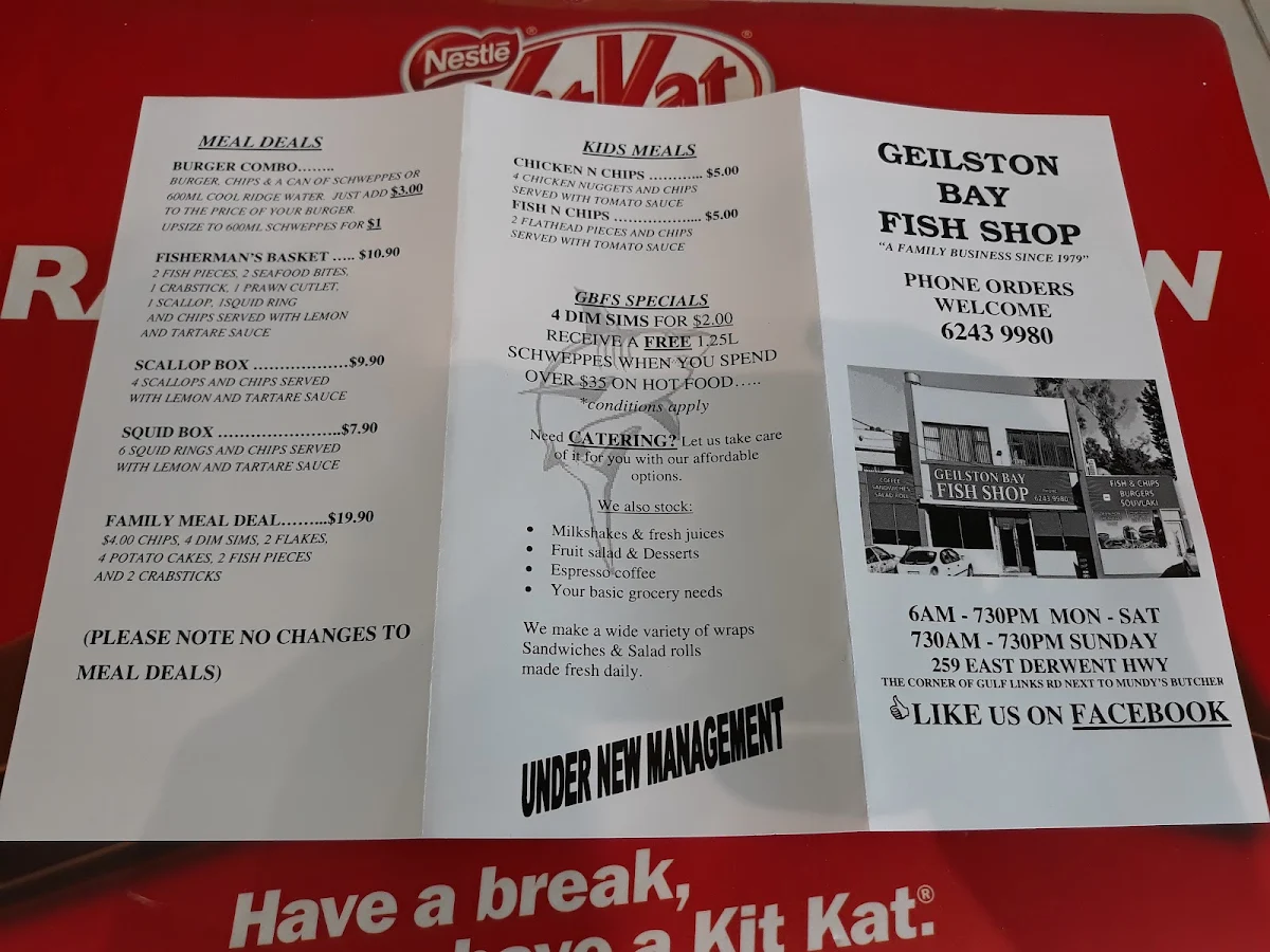 Menu, Geilston Bay Fish Shop