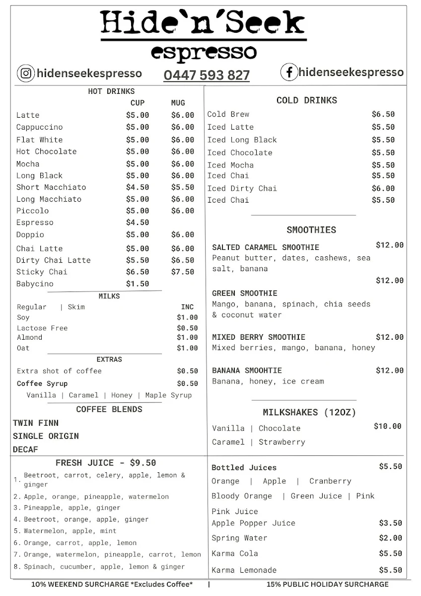 Menu, Hide N Seek Espresso