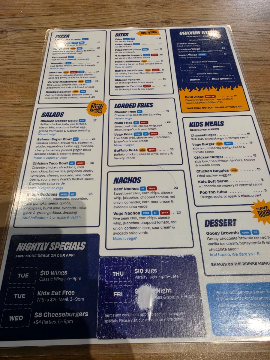 Menu, Varsity Cannington