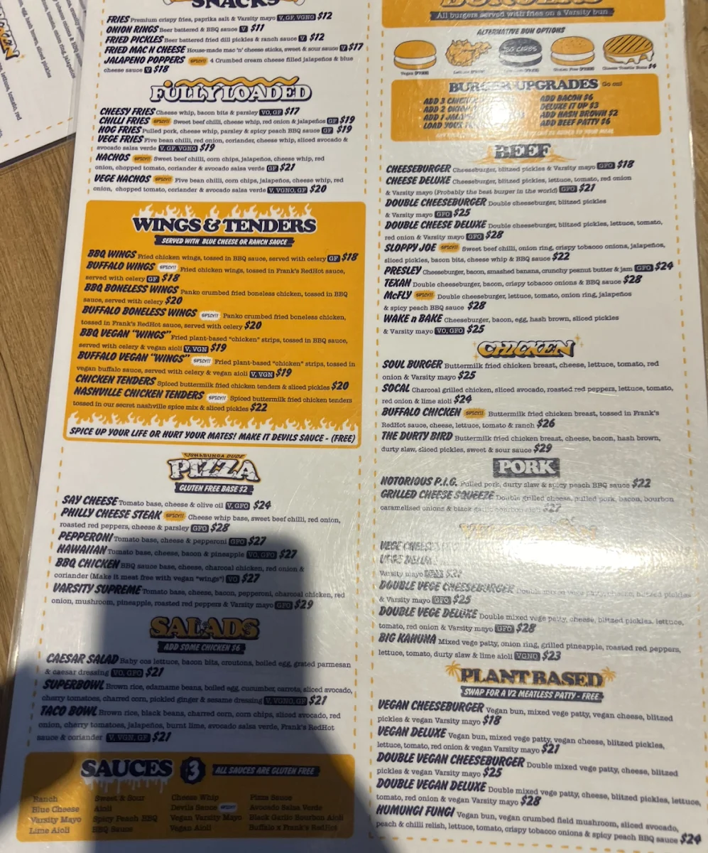 Menu, Varsity Cannington