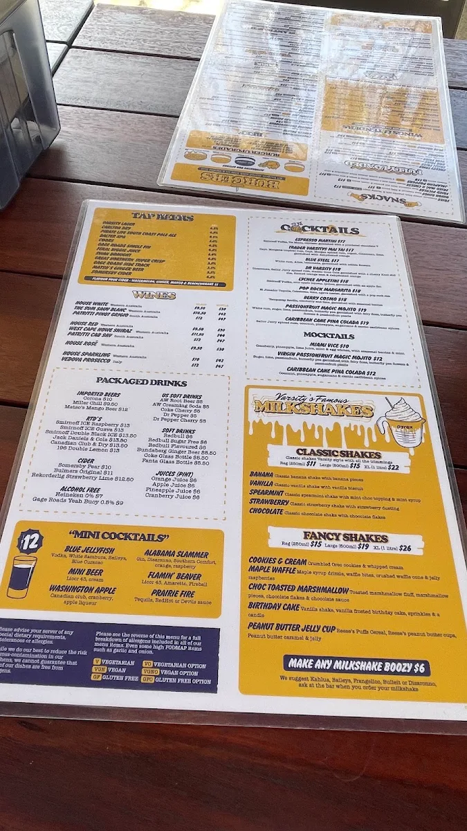 Menu, Varsity Cannington