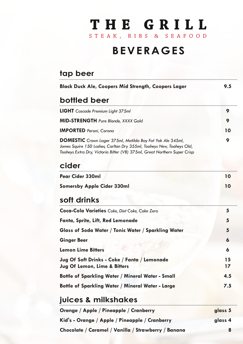 Menu, The Grill: Steak, Ribs & Seafood Port Macquarie
