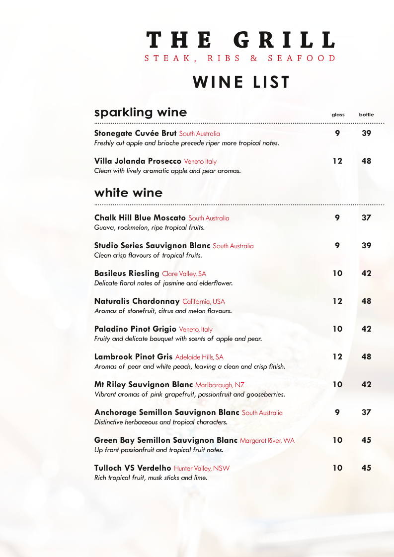Menu, The Grill: Steak, Ribs & Seafood Port Macquarie