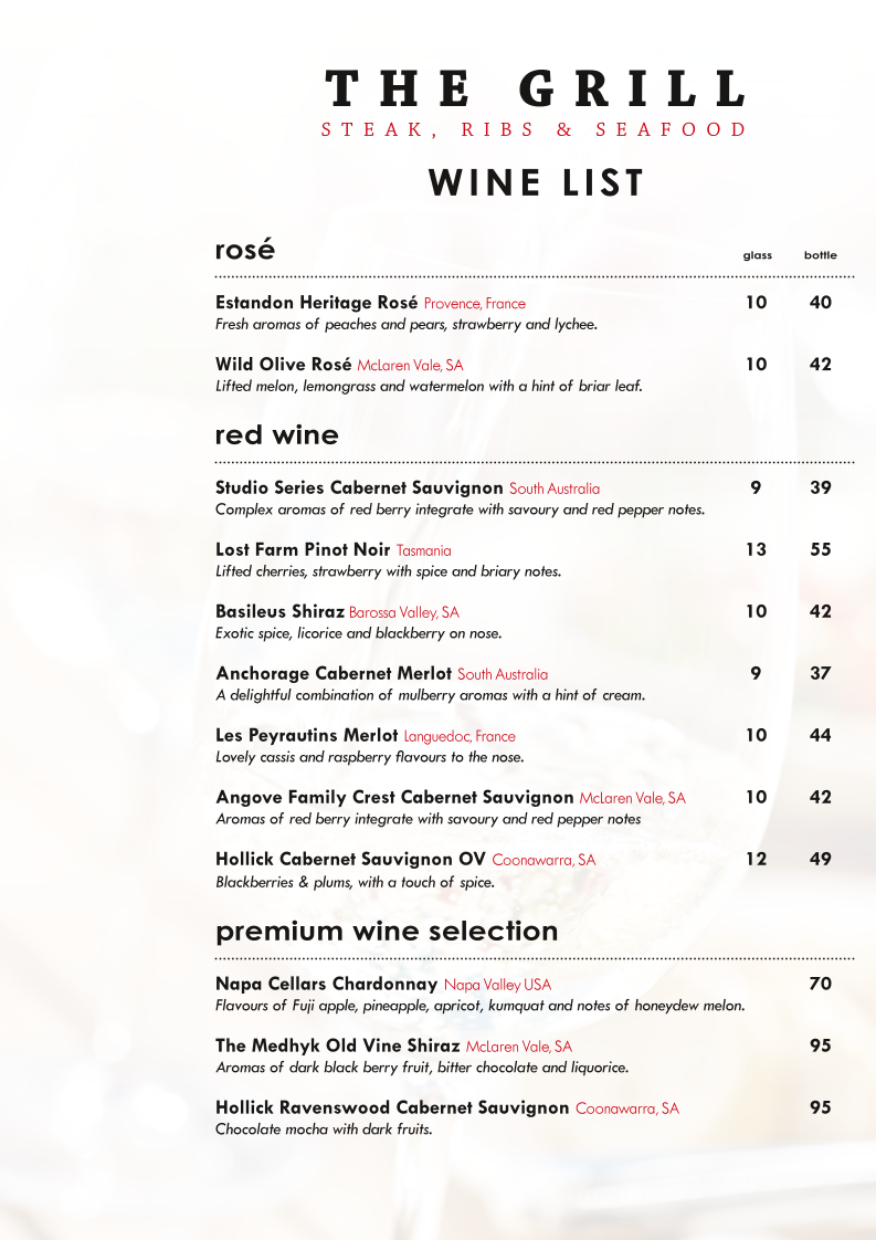 Menu, The Grill: Steak, Ribs & Seafood Port Macquarie