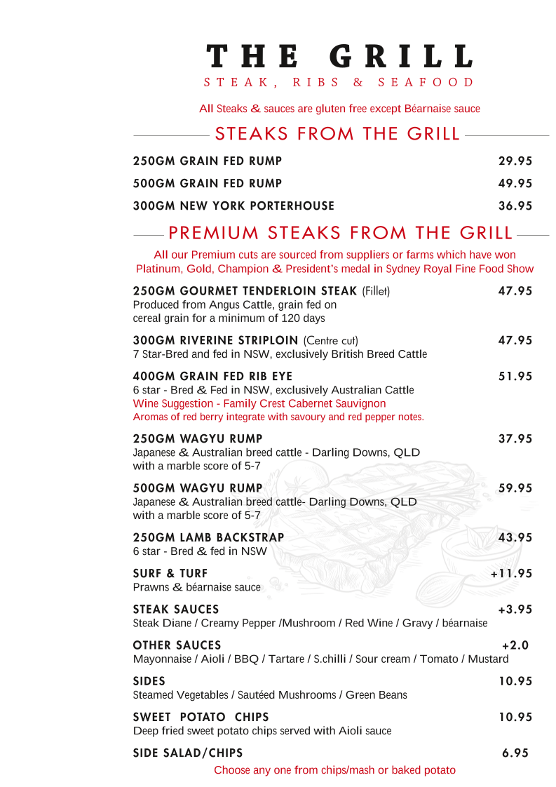 Menu, The Grill: Steak, Ribs & Seafood Port Macquarie