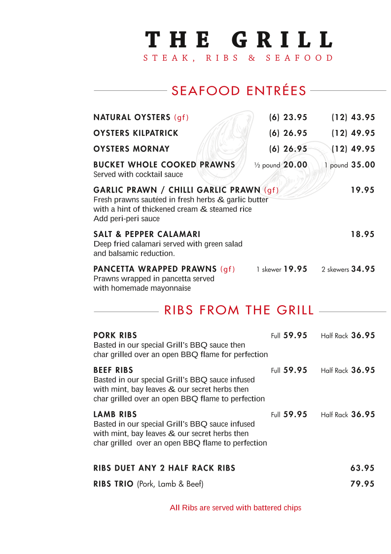Menu, The Grill: Steak, Ribs & Seafood Port Macquarie