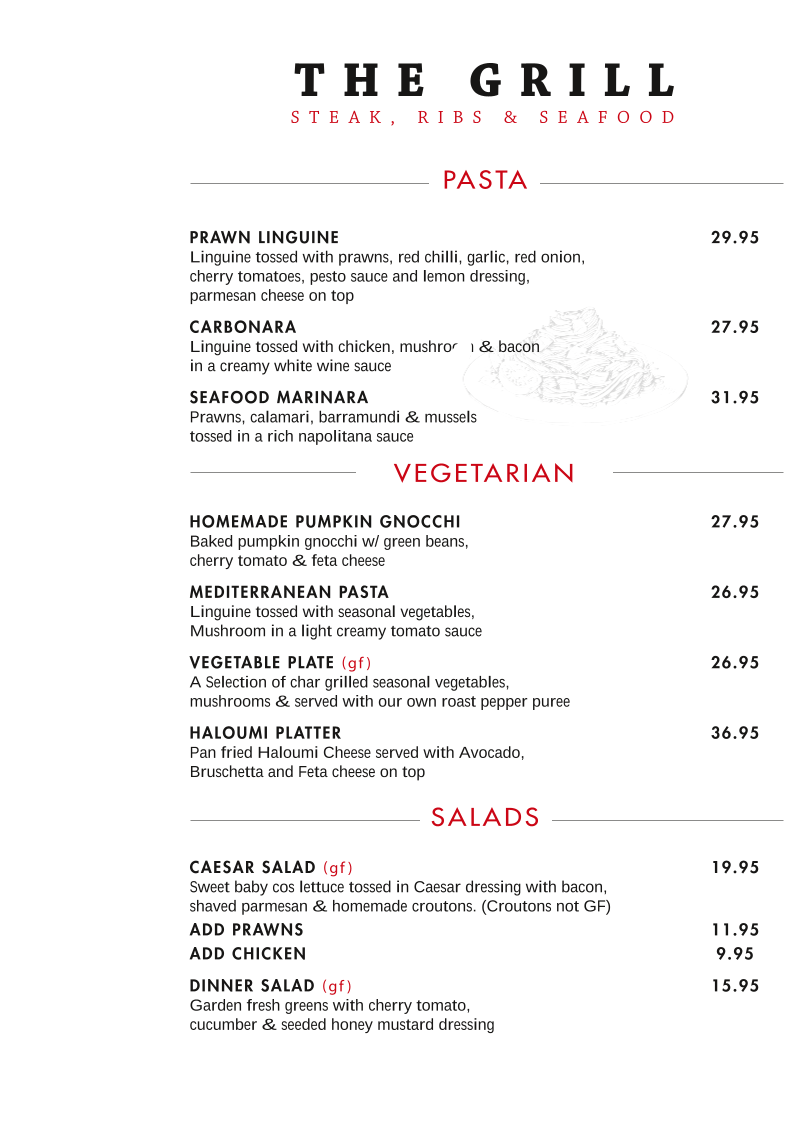 Menu, The Grill: Steak, Ribs & Seafood Port Macquarie
