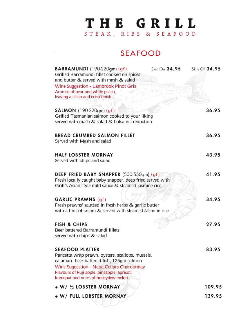 Menu, The Grill: Steak, Ribs & Seafood Port Macquarie