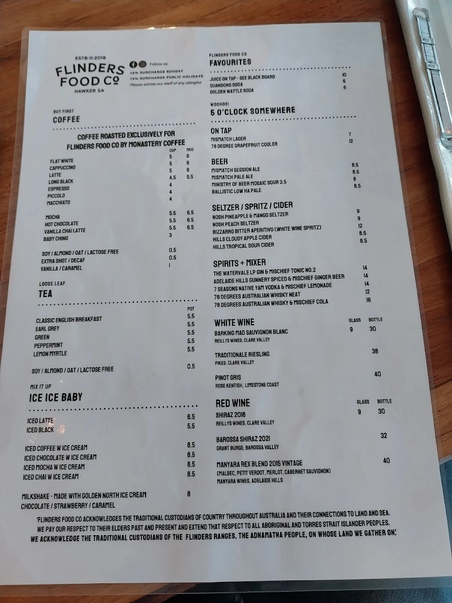 Menu, Flinders Food Co - Hawker