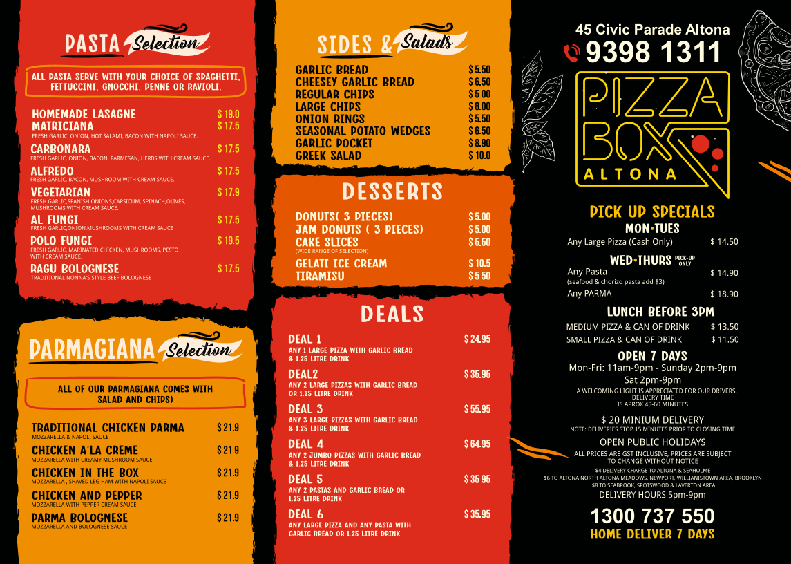 Menu, The Pizza Box