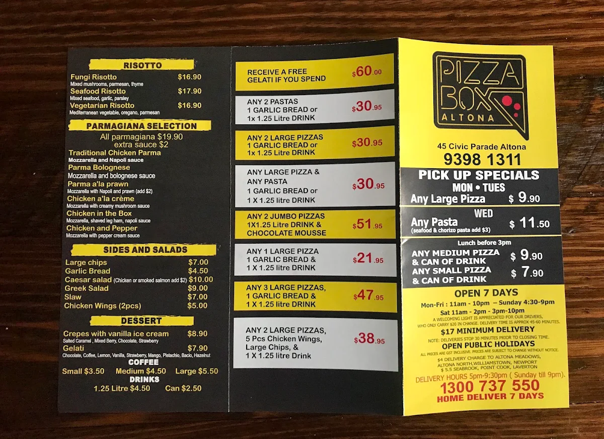 Menu, The Pizza Box