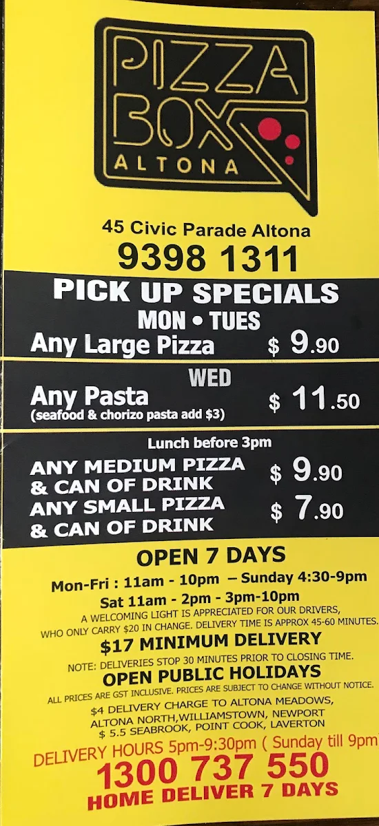 Menu, The Pizza Box