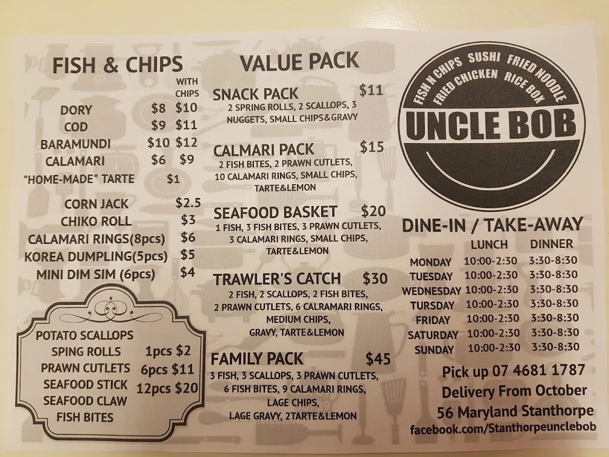 Menu, Uncle Bob Takeaway & Fusion Restaurant