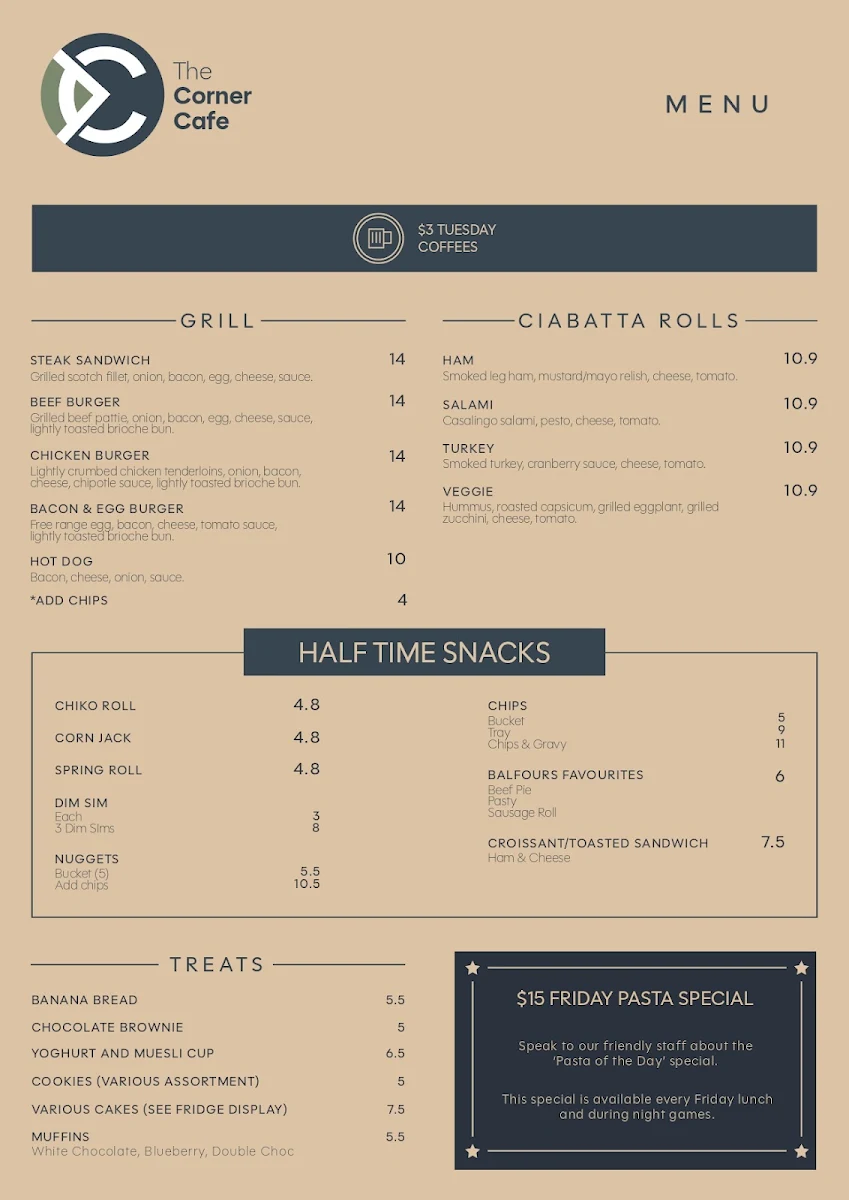 Menu, The Corner Cafe