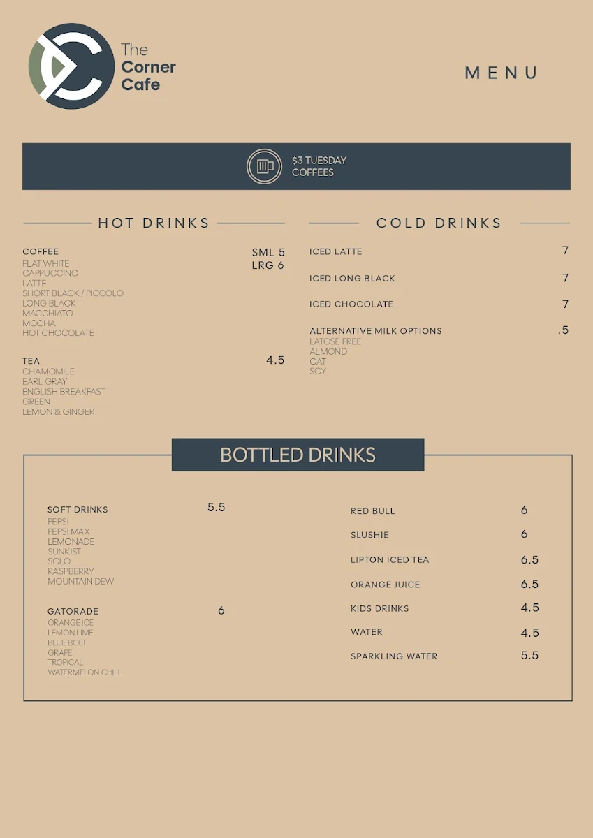Menu, The Corner Cafe
