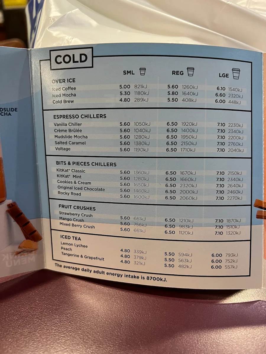 Menu, Gloria Jean's Tamworth