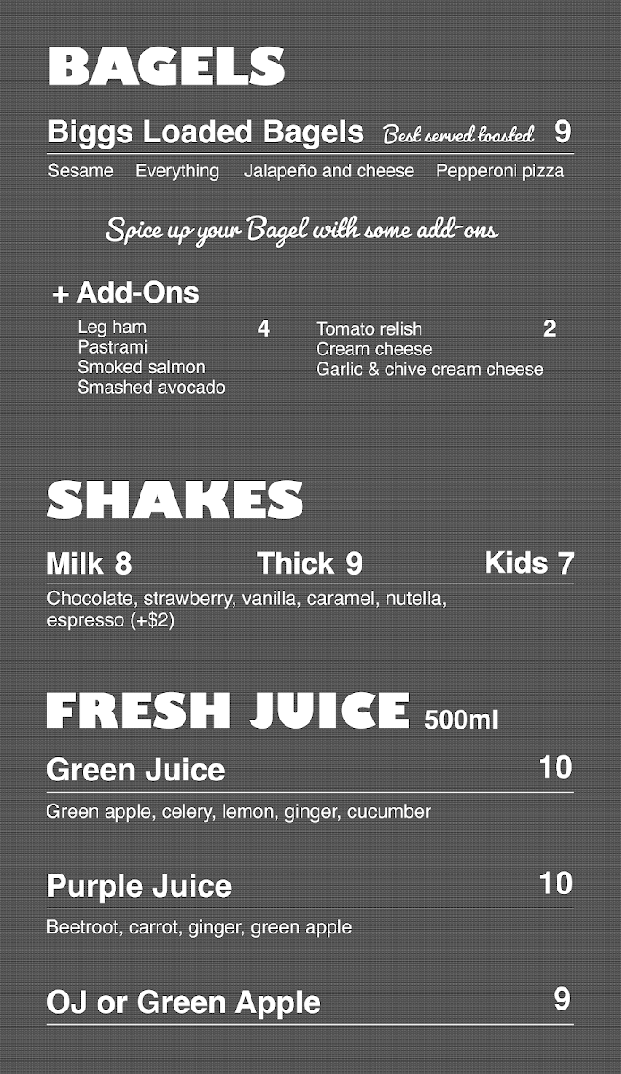 Menu, Biggs Coffee Hamilton