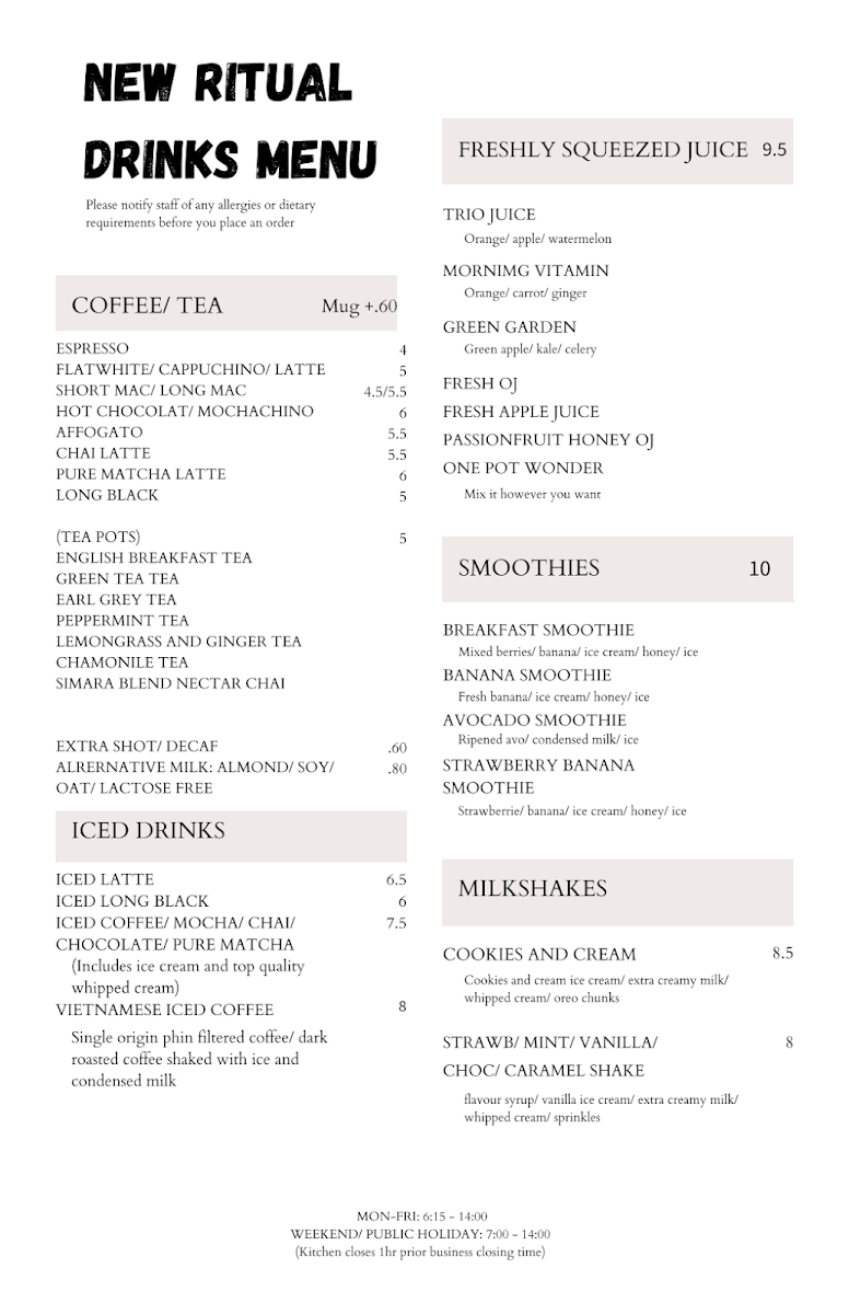 Menu, New Ritual Cafe