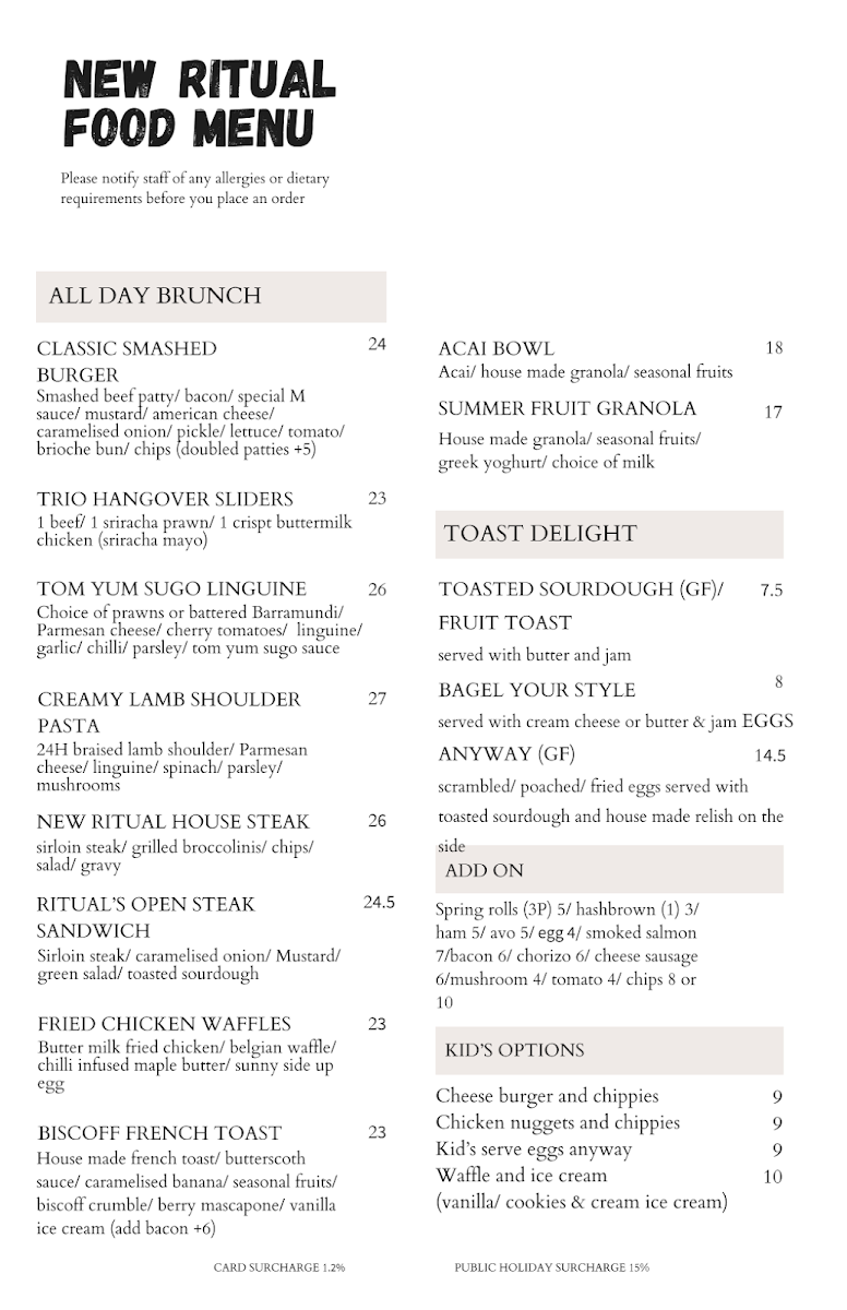 Menu, New Ritual Cafe