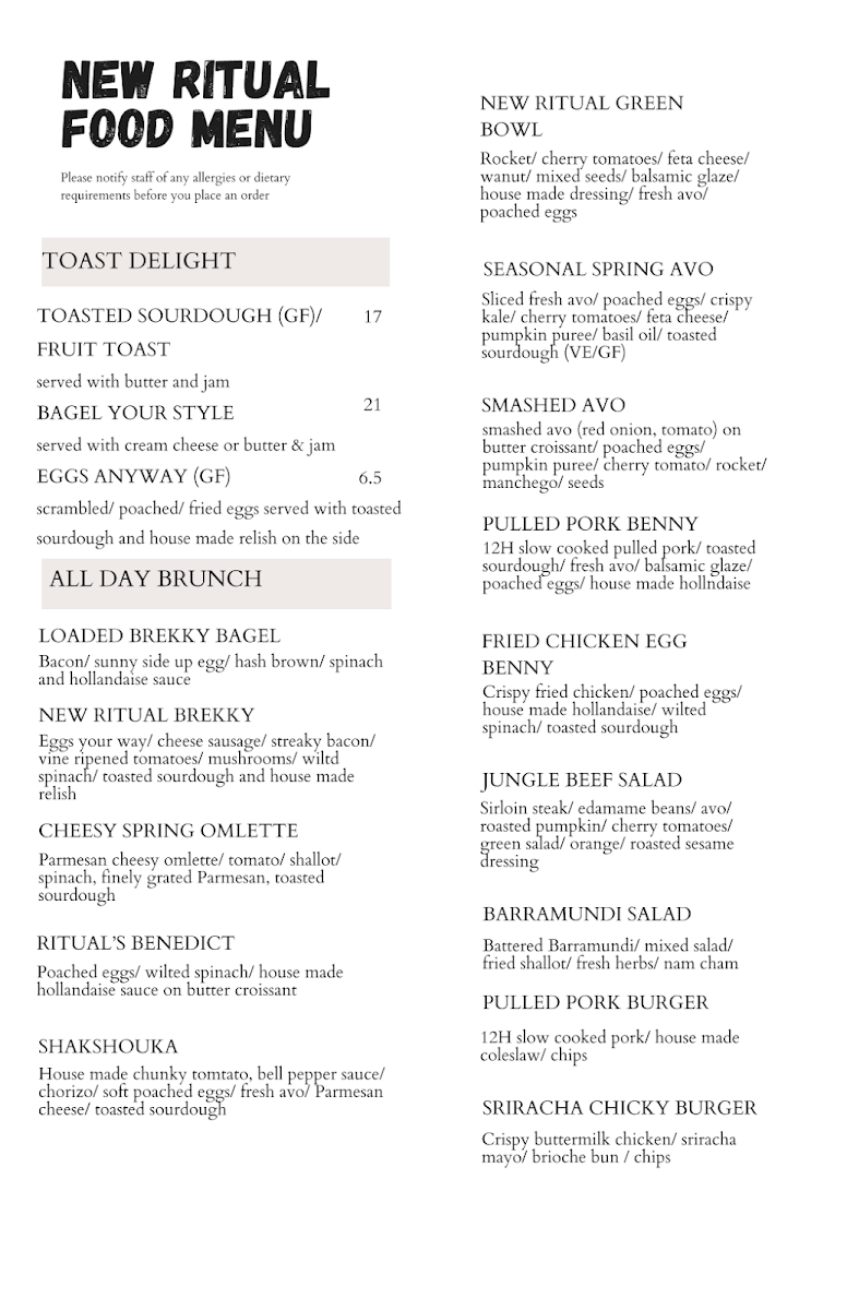 Menu, New Ritual Cafe