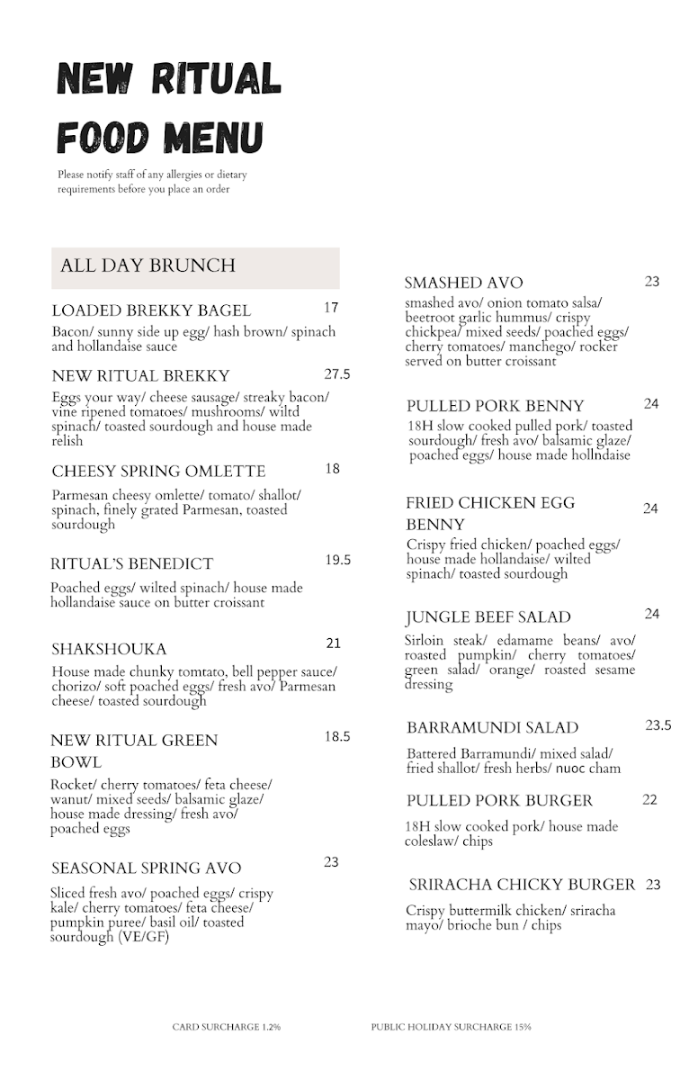 Menu, New Ritual Cafe