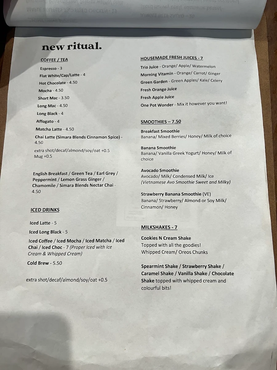 Menu, New Ritual Cafe