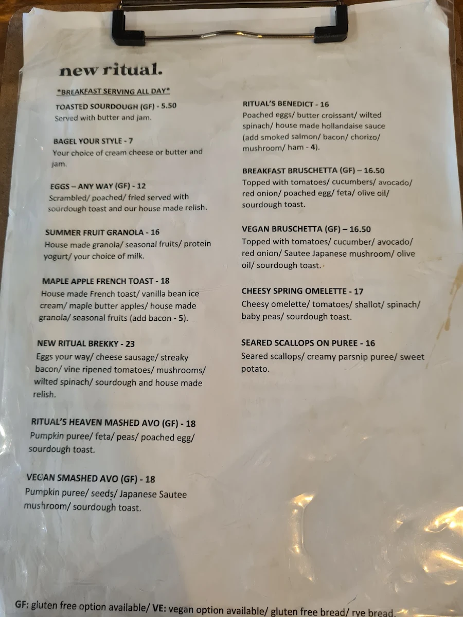 Menu, New Ritual Cafe