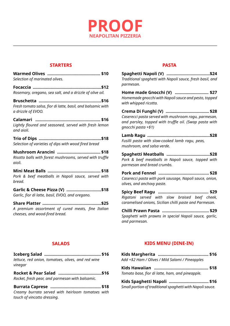 Menu, Proof Pizzeria