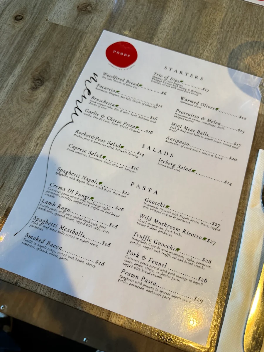 Menu, Proof Pizzeria