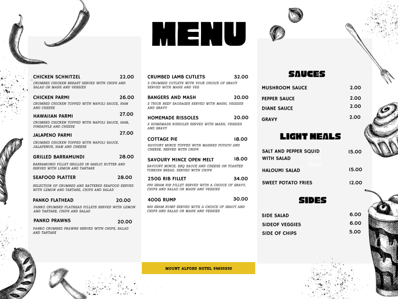Menu, Mount Alford Hotel