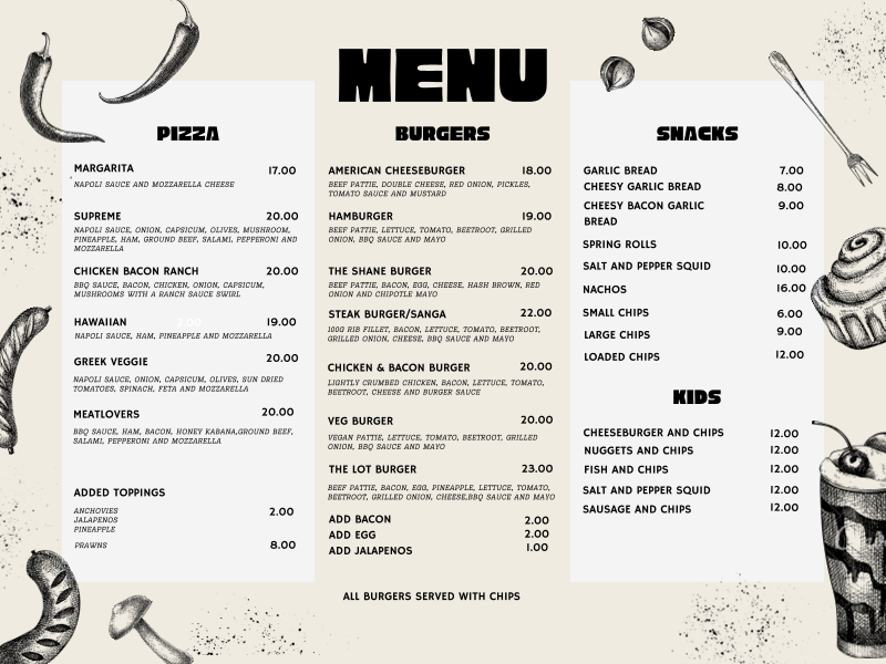 Menu, Mount Alford Hotel