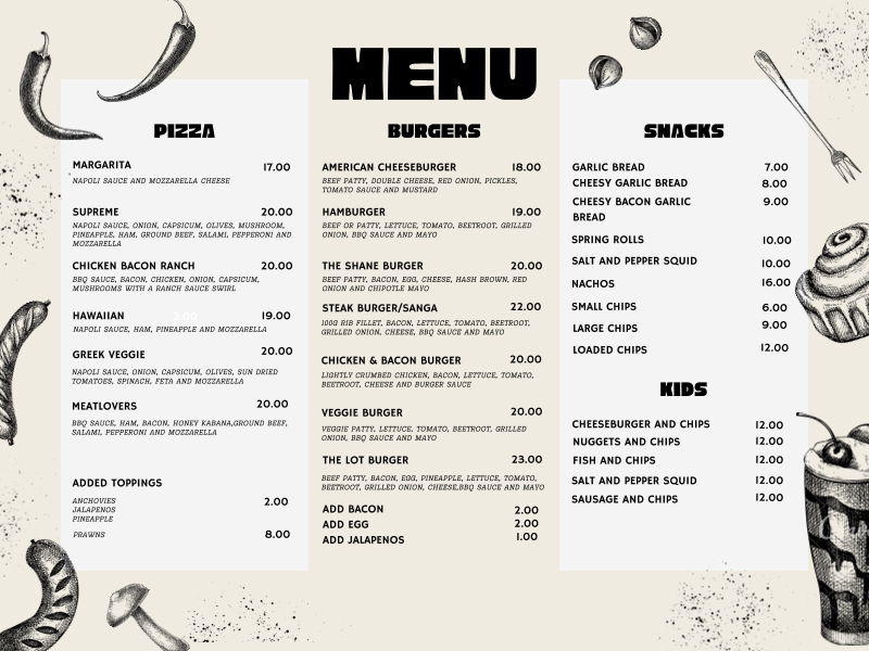 Menu, Mount Alford Hotel