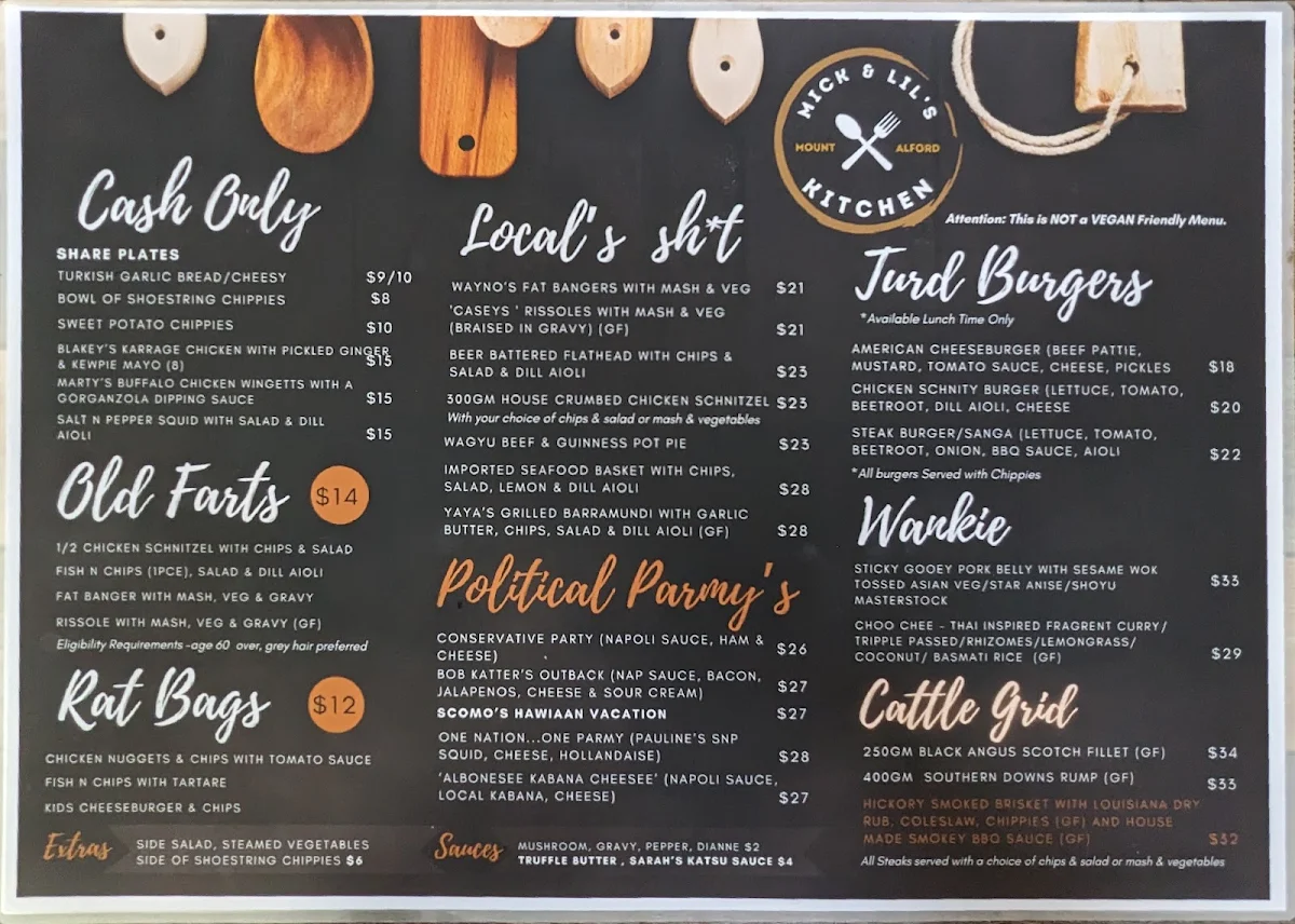 Menu, Mount Alford Hotel
