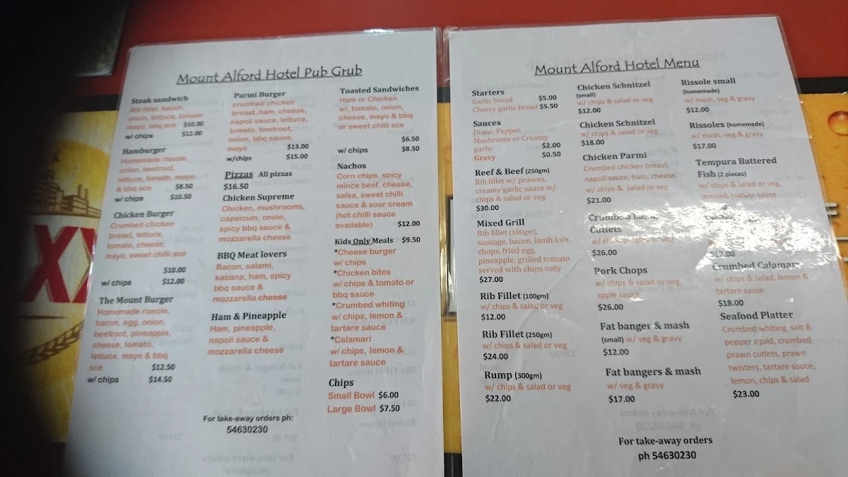 Menu, Mount Alford Hotel