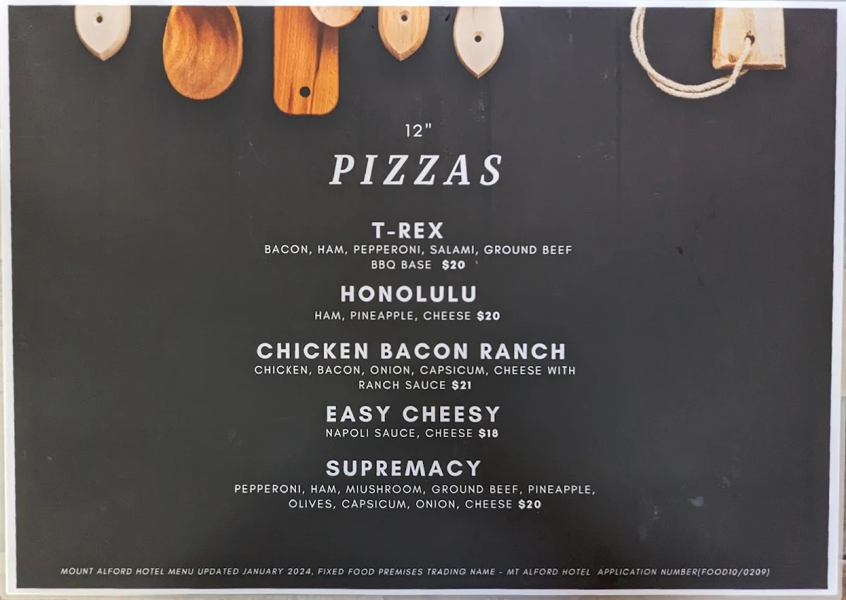 Menu, Mount Alford Hotel