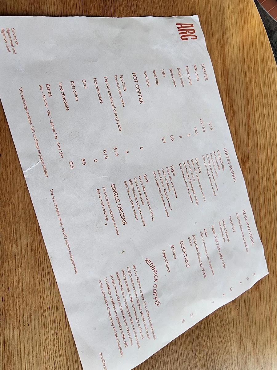 Menu, Redbrick Coffee City