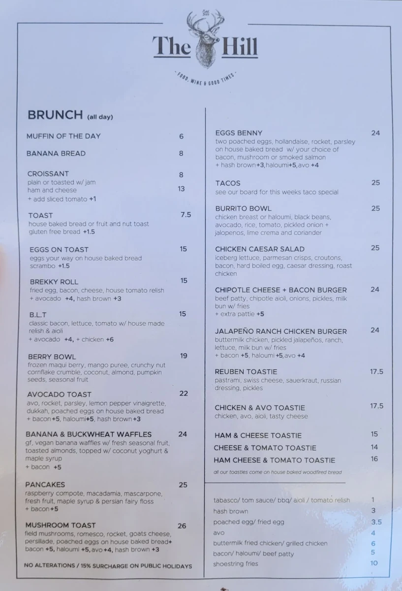 Menu, The Hill Cafe