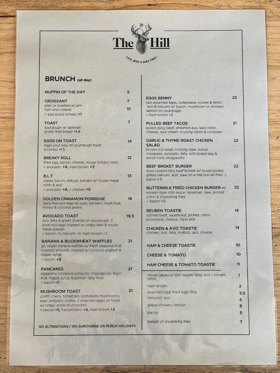 Menu, The Hill Cafe