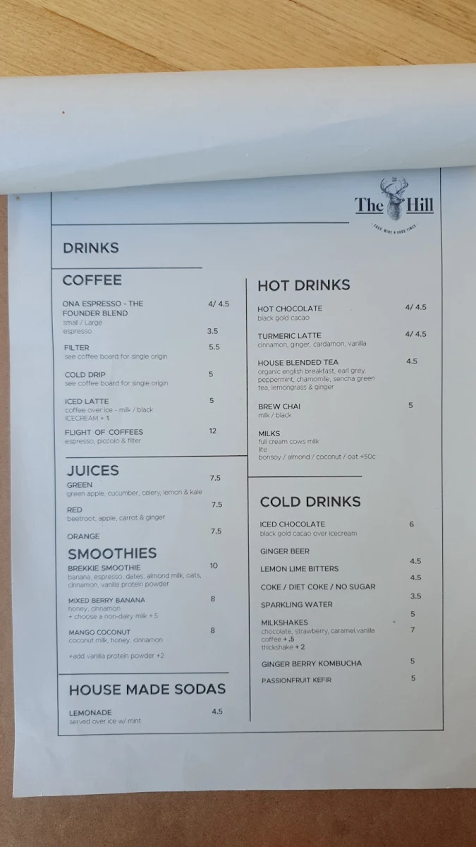 Menu, The Hill Cafe