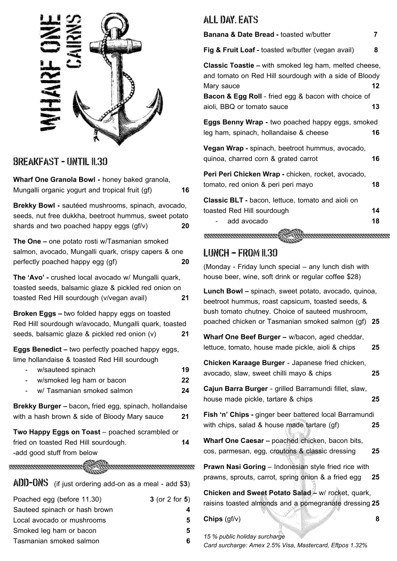 Menu, Wharf ONE Cafe